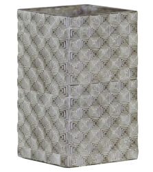 Square Cement Pot with Embossed Geometrical Rectangular Pattern, Large,Gray