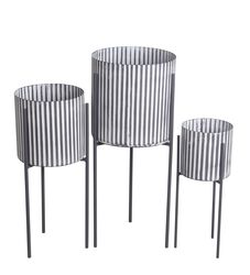 Cylindrical Metal Planter with Corrugated Design, Set of 3, Black and White