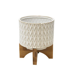 Ceramic Planter on Wooden Stand with Textured Surface, White and Brown