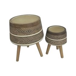 Ceramic Body Planter with Wooden Leg Support, Set of 2, Brown