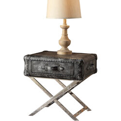 Leatherette Upholstered End Table with X Base, Brown and Chrome