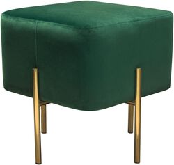 Velvet Upholstered Modern Square Accent Ottoman with Stainless Steel Frame, Emerald Green and Gold