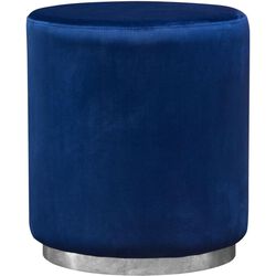 Velvet Upholstered Round Accent Ottoman with Metal Base, Blue and Chrome