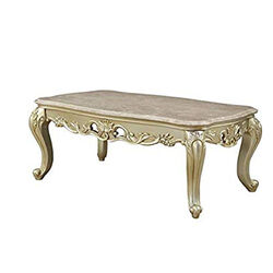 Wooden Coffee Table withDecorative Polyresin Carvings and Marble Top, White
