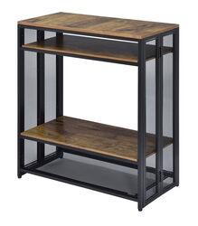 Metal Sofa Table with Wooden Shelves and Folding Side, Black and Brown