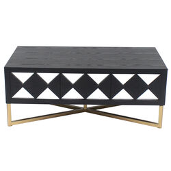 Wooden Coffee Table with 3 Drawers and X Shape Base, Black and Gold
