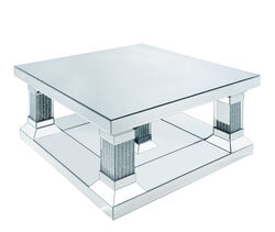 Sparkling Coffee Table with Faux Diamonds and Beveled Edge, Silver