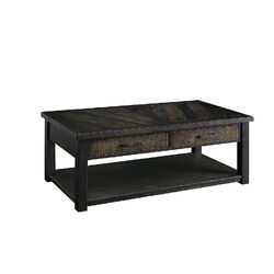 2 Drawer Rustic Style Plank Top Coffee Table with Open Shelf, Dark Oak