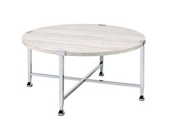 Coffee Table with X Shaped Metal Base and Round Wooden Top,Silver and Beige