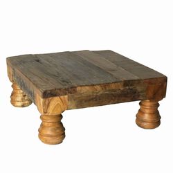Salvaged Wood Tea Table with Turned Legs and Plank Top, Small, Brown