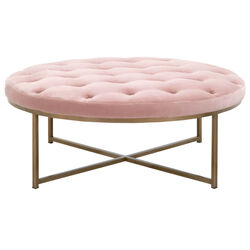 Button Tufted Fabric Upholstered Coffee Table with Metal Base, Pink and Brass