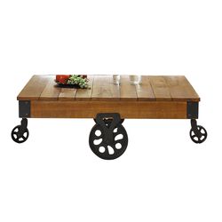 Plank Style Wooden Cocktail Table with Casters, Brown and Black