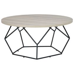 Wooden Top Round Cocktail Table with Open Geometric Base, Gray and Black