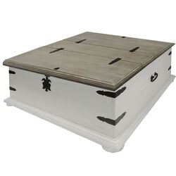Trunk Shape Cocktail Table with Double Lid Opening, White and Brown