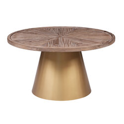 Round Wooden Top Coffee Table with Metal Conical Base, Brown and Gold