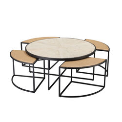 Round 5 in 1 Coffee Table with Nested Leatherette Sectional, Brown and Black