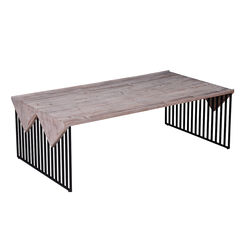 Rectangular Wooden Coffee Table with Sled Wire Base, Gray and Black