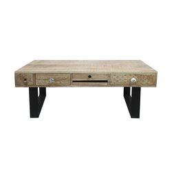 5 Drawer Wooden Rectangular Coffee Table with Sled Metal Legs, Washed Brown and Black
