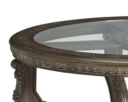 Traditional Oval Cocktail Table with Glass Top and Wooden Carvings, Brown