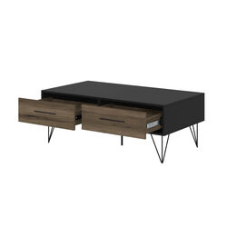 2 Drawer Wooden Rectangular Coffee Table With Hairpin Legs, Black and Brown