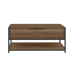 Wood and Metal Rectangular Coffee Table with Drawer and  Shelf, Brown and Black