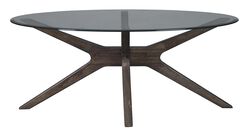 Oval Glass Top Cocktail Table with Wooden Boomerang Base, Brown and Clear