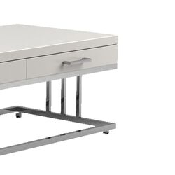 2 Drawer Glossy Rectangular Coffee Table with Casters, White and Silver