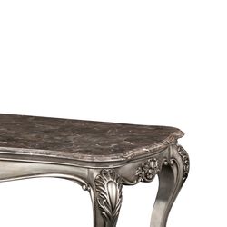Wooden Cocktail Table with Marble Top and Carved Details, Gray