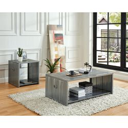 Wooden Box Shape Coffee Table with Open Bottom Shelf and Metal Handles, Silver