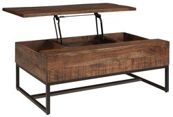 Wooden Plank Style Lift Top Cocktail Table with Metal Base, Brown
