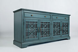 Craftman Series 70 Inch Wooden Media Unit with Fretwork Glass Front, Antique Blue