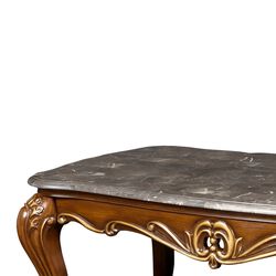 Wooden Cocktail Table with Marble Top and Carved Details, Gray and Brown