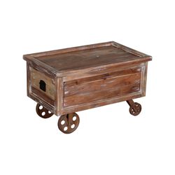 Distressed Mango Wood Trunk Storage Coffee Table with Tray Top and Casters, Brown