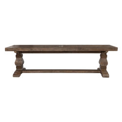 66 Inch Plank Top Wooden Bench with Pedestal Base, Brown