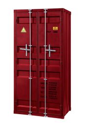 Double Door Metal Base Wardrobe with Cremone Bolts and Slated Pattern, Red