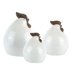 Ceramic Rooster Figurine with Contrasting Wattle and Comb Design, Set of Three, White and Brown