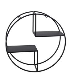 Tubular Metal Frame Round Wall Decor with 2 Open Shelves, Black