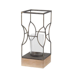 Wood and Metal Lantern with Geometric Details, Gray and Brown