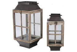 Wood and Metal Lantern with Windowpane Design, Brown and Black, Set of 2