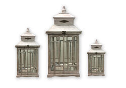 Wooden Lanterns with Peak Shaped Top and Glass Sides, Set of 3, Gray