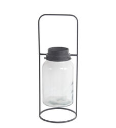 Industrial Style Metal Frame Glass Lantern with Handle, Large, Black