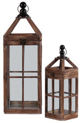 Wooden Square Lantern With Metal Round Finial Top, Ring Handle, Set of 2, Brown