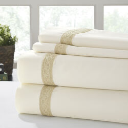 Pisa 4 Piece Daisy Lace Hem Queen Size Sheet Set The Urban Port, Beige