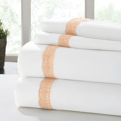 Pisa 4 Piece Sunshine Lace Hem Queen Size Sheet Set The Urban Port, White and Orange