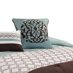 Quatrefoil Queen Size 8 Piece Fabric Comforter Set , Brown and Blue