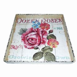 Distressed Metal Serving Tray with Floral Artwork, Multicolor