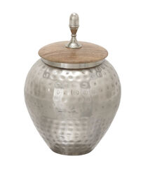 Pot Bellied Shape Metal Jar with Wooden Lid and Hammered Detail, Silver