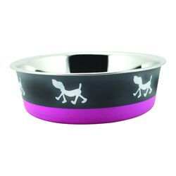 Stainless Steel Pet Bowl with Anti Skid Rubber Base and Dog Design, Gray and Pink-Set of 2