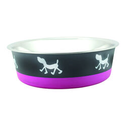 Stainless Steel Pet Bowl with Anti Skid Rubber Base and Dog Design, Large, Gray and Pink-Set of 24
